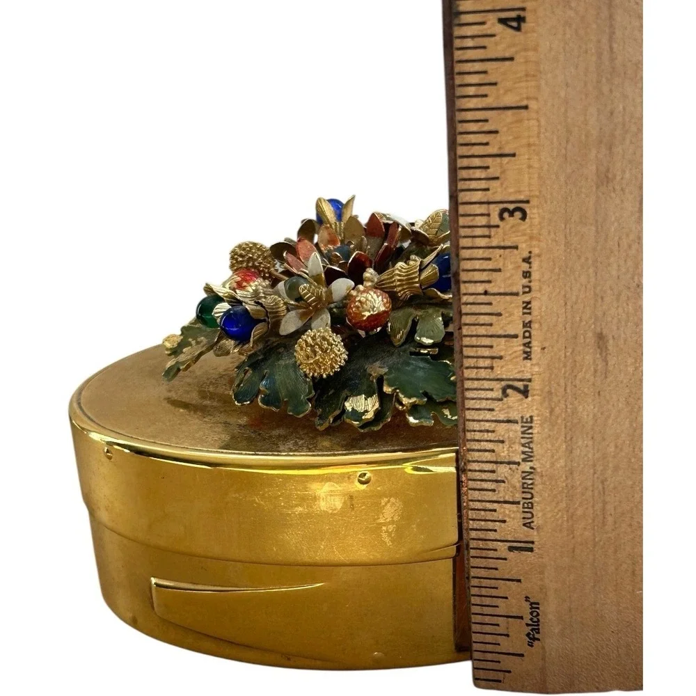 Vintage Gorham Gilt trinket box YC1141 enamel floral lid blue‎ velvet lined USA